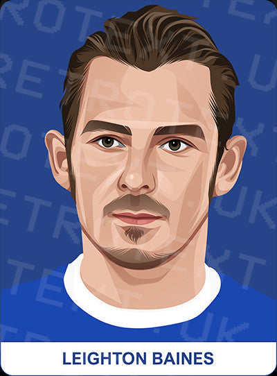 Retrotext Everton mug featuring a digital illustration of Leighton Baines on a blue background