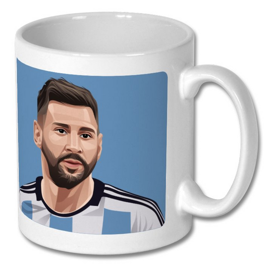 Retrotext 11oz glossy white mug featuring a stylized illustration of Lionel Messi in his Argentina kit.