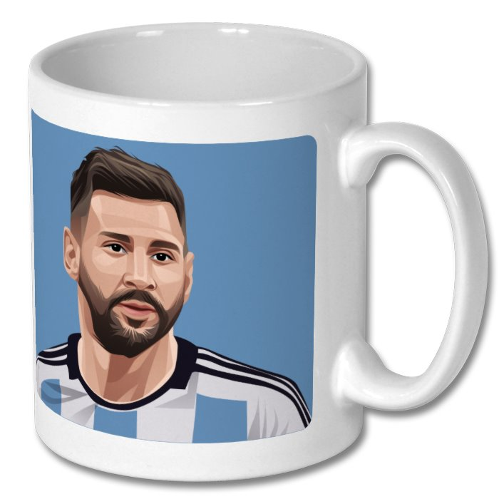 Retrotext 11oz glossy white mug featuring a digital illustration of Lionel Messi in an Argentina football kit