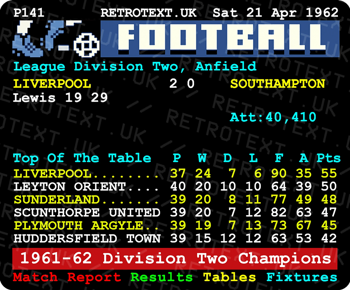 Retrotext Liverpool 1962 Division Two Champions mug featuring a vintage teletext football league table design