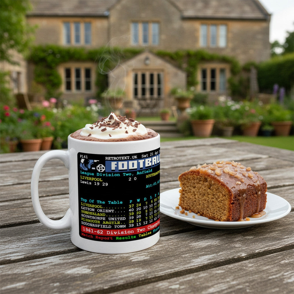 Retrotext Liverpool 1962 Division Two Champions mug with teletext design, featuring hot chocolate on a garden table.