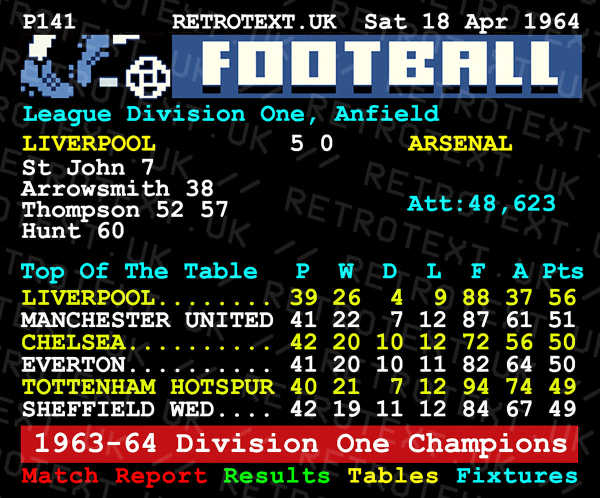 Retrotext Liverpool 1964 Division One Champions ceramic mug featuring a retro teletext football match report graphic