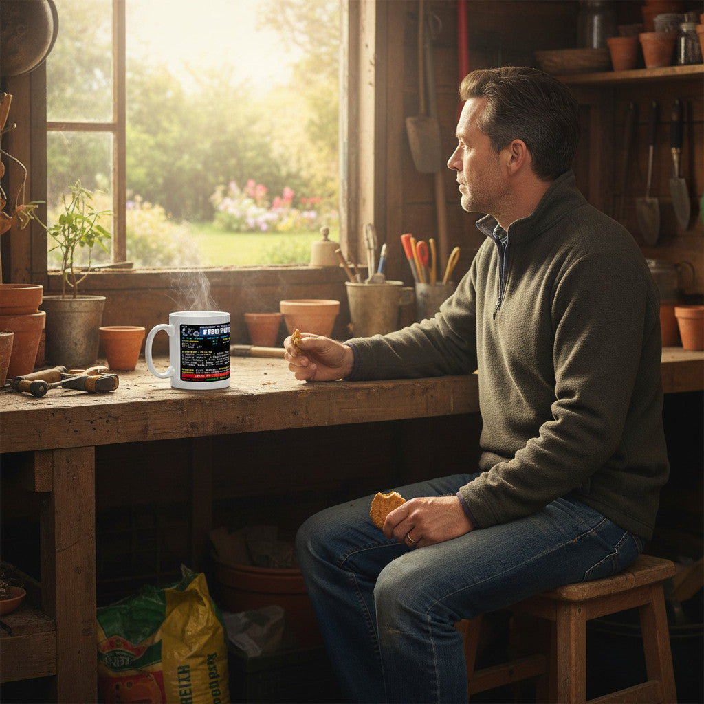 Retrotext Liverpool 1965 FA Cup Winners mug on a wooden workbench next to a man eating a biscuit in a garden shed