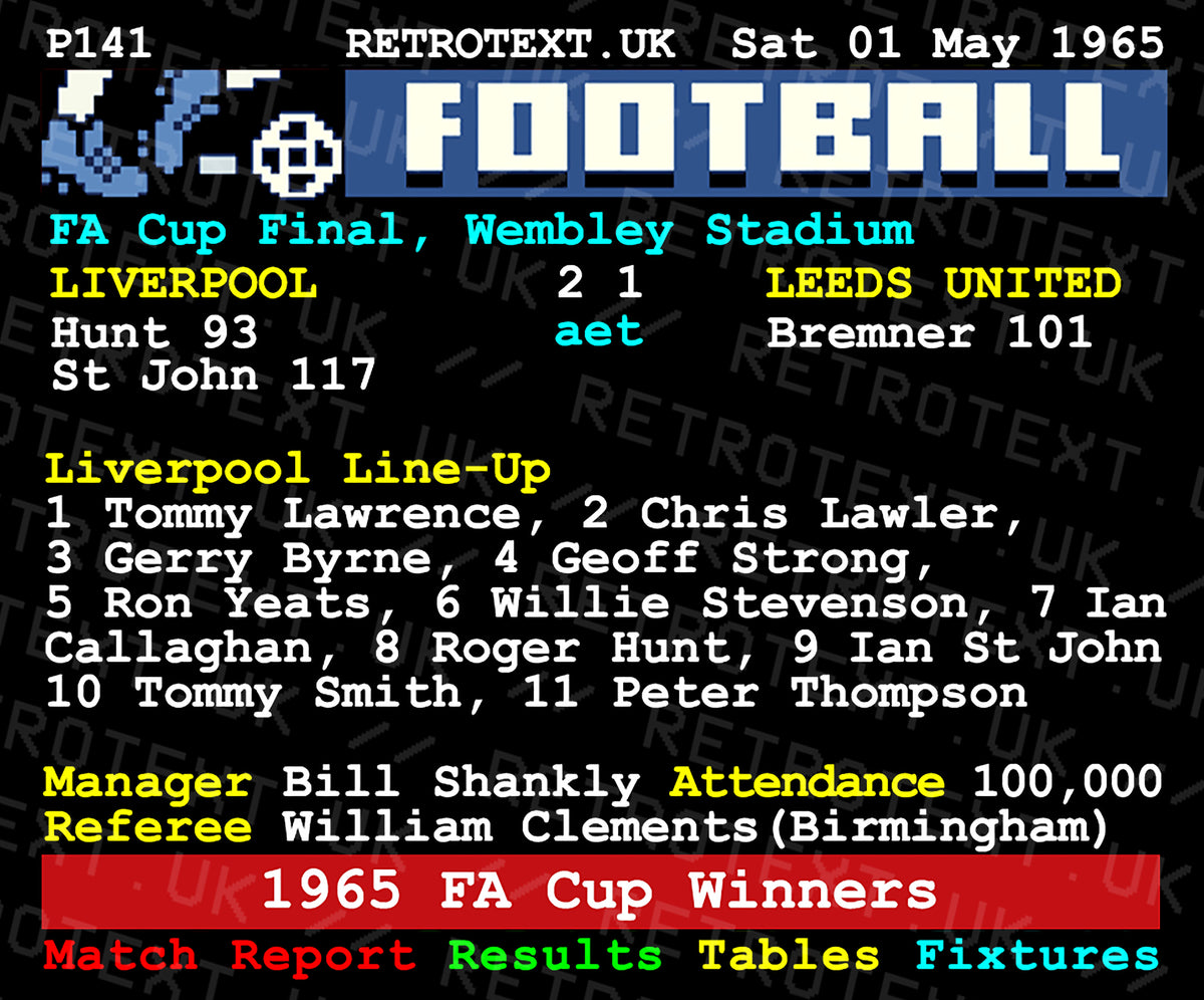 Retrotext Liverpool 1965 FA Cup Winners mug featuring a retro teletext scoreboard design with match details