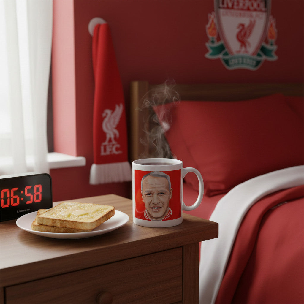 Retrotext Liverpool 1965 FA Cup Winners mug featuring Bill Shankly illustration on a bedside table with toast