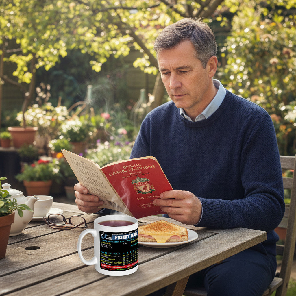 Retrotext Liverpool 1966 Bill Shankly teletext mug on a wooden table next to a man reading a vintage football programme