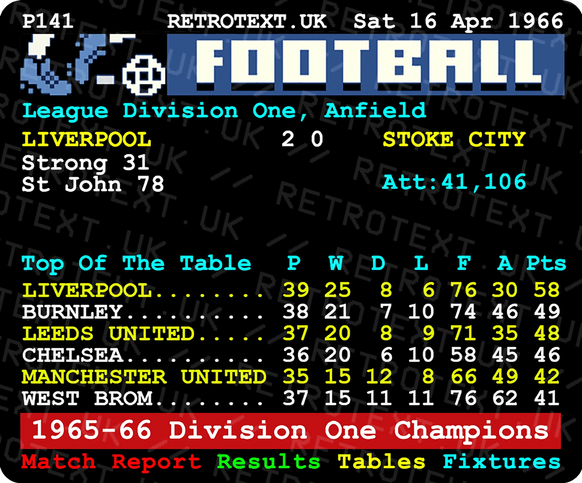 Retrotext Liverpool 1966 Division One Champions ceramic mug featuring a retro teletext football league table graphic