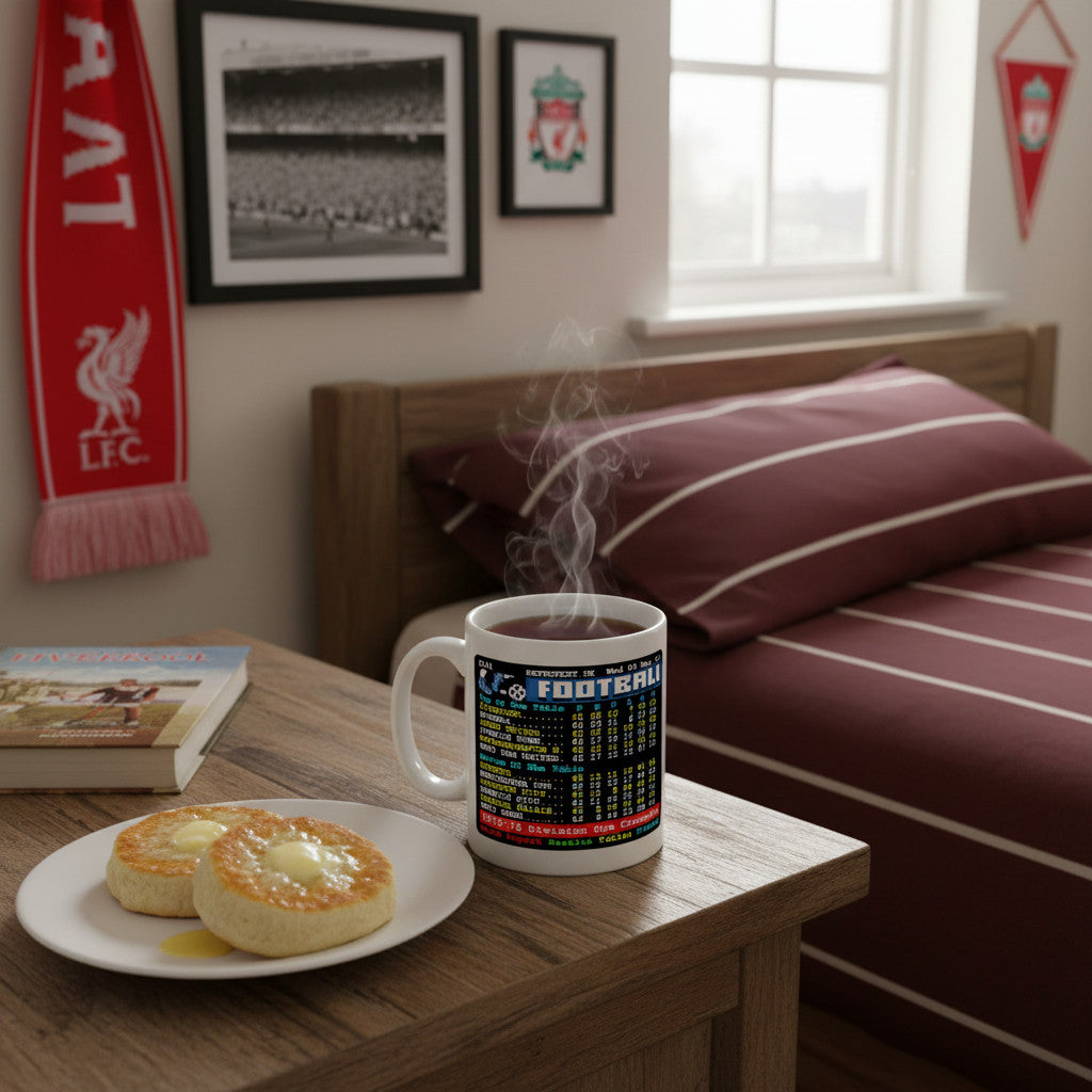 Retrotext Liverpool 1973 Division One Champions ceramic mug with teletext league table design on a wooden bedside table