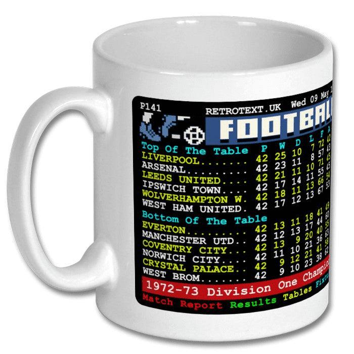 Retrotext Liverpool 1973 Division One Champions ceramic mug featuring a vintage teletext football league table design.