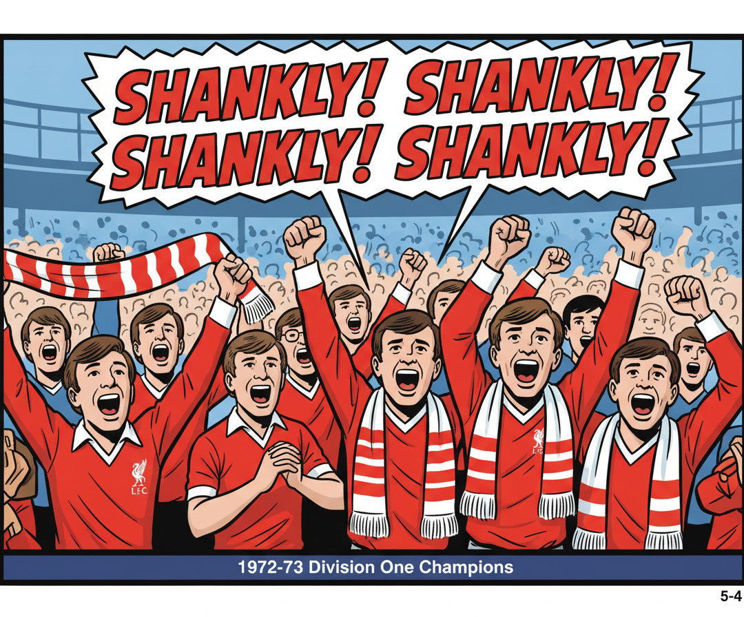 Retrotext Liverpool 1973 Division One Champions mug featuring a comic-style illustration of cheering fans in red kits