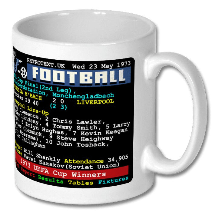 Retrotext white ceramic mug featuring a 1973 Liverpool UEFA Cup Winners teletext football match report design