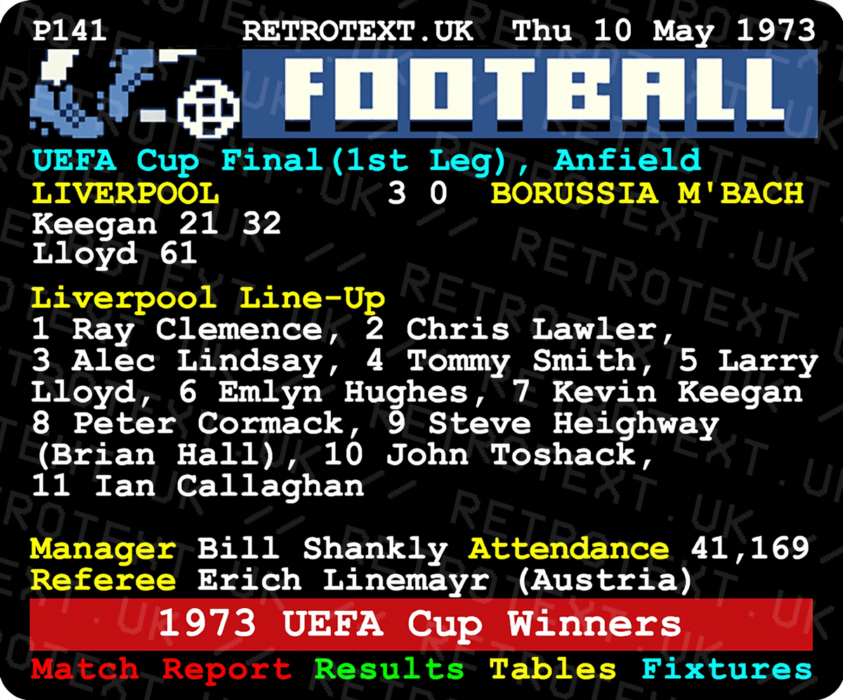 Retrotext 11oz glossy white mug featuring a 1973 Liverpool UEFA Cup final teletext match report design