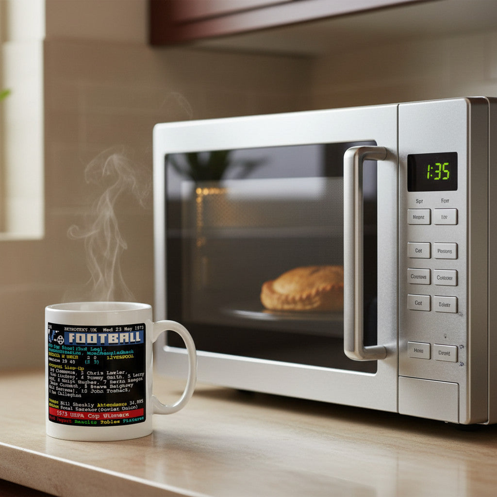Retrotext 11oz white glossy mug featuring 1973 Liverpool UEFA Cup final teletext match report on a kitchen counter