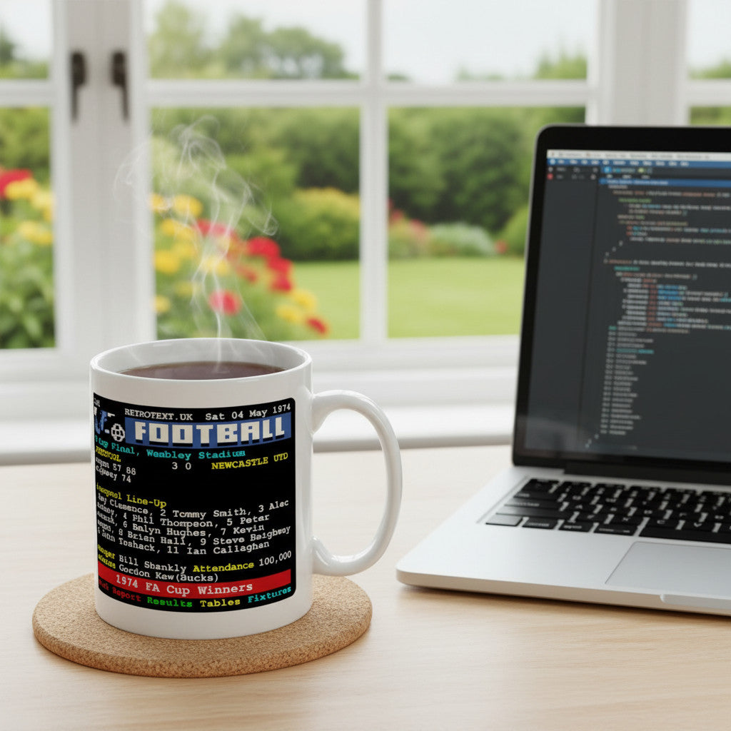 Retrotext Liverpool 1974 FA Cup winners ceramic mug with retro teletext graphic on a desk next to a laptop