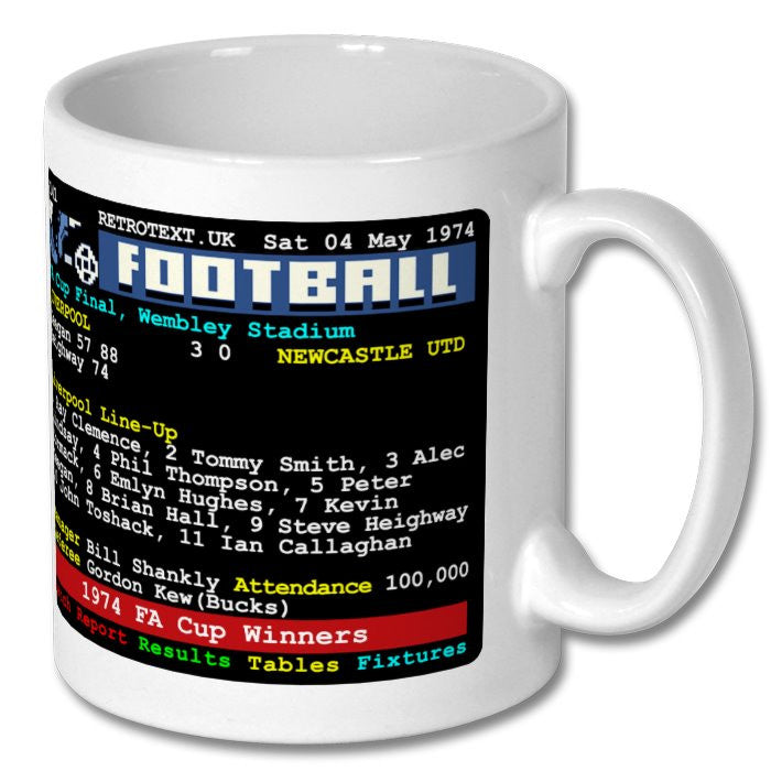 Retrotext Liverpool 1974 FA Cup Winners ceramic mug featuring a nostalgic teletext graphic of the match details.