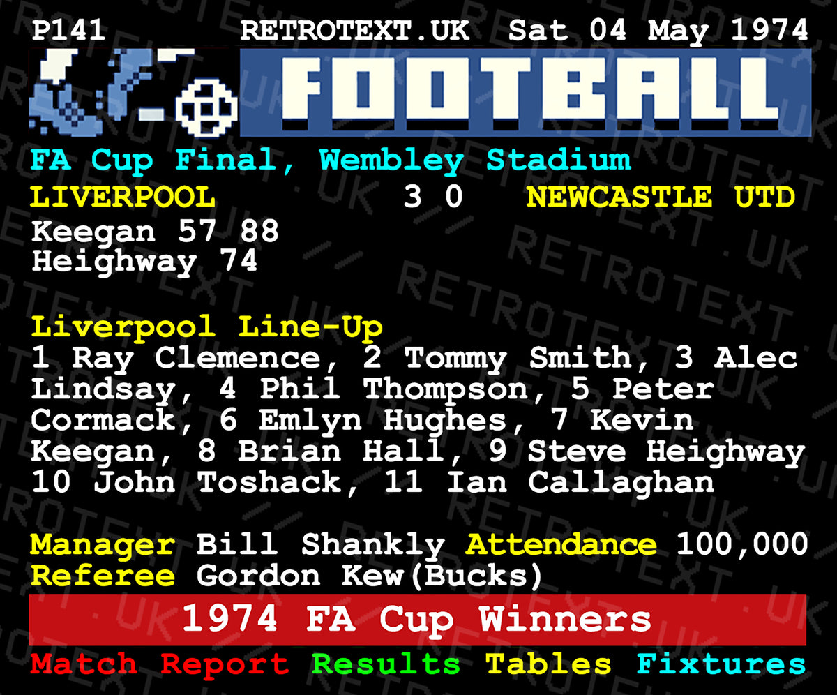 Retrotext Liverpool 1974 FA Cup Winners ceramic mug featuring a nostalgic teletext graphic of the match details.