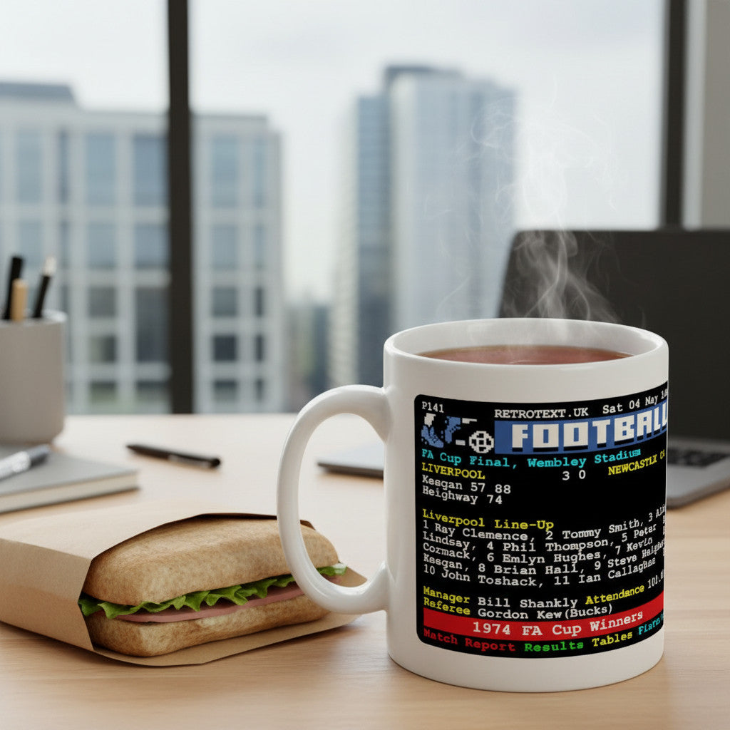 Retrotext Liverpool 1974 FA Cup ceramic mug featuring Bill Shankly and teletext match details on a desk.