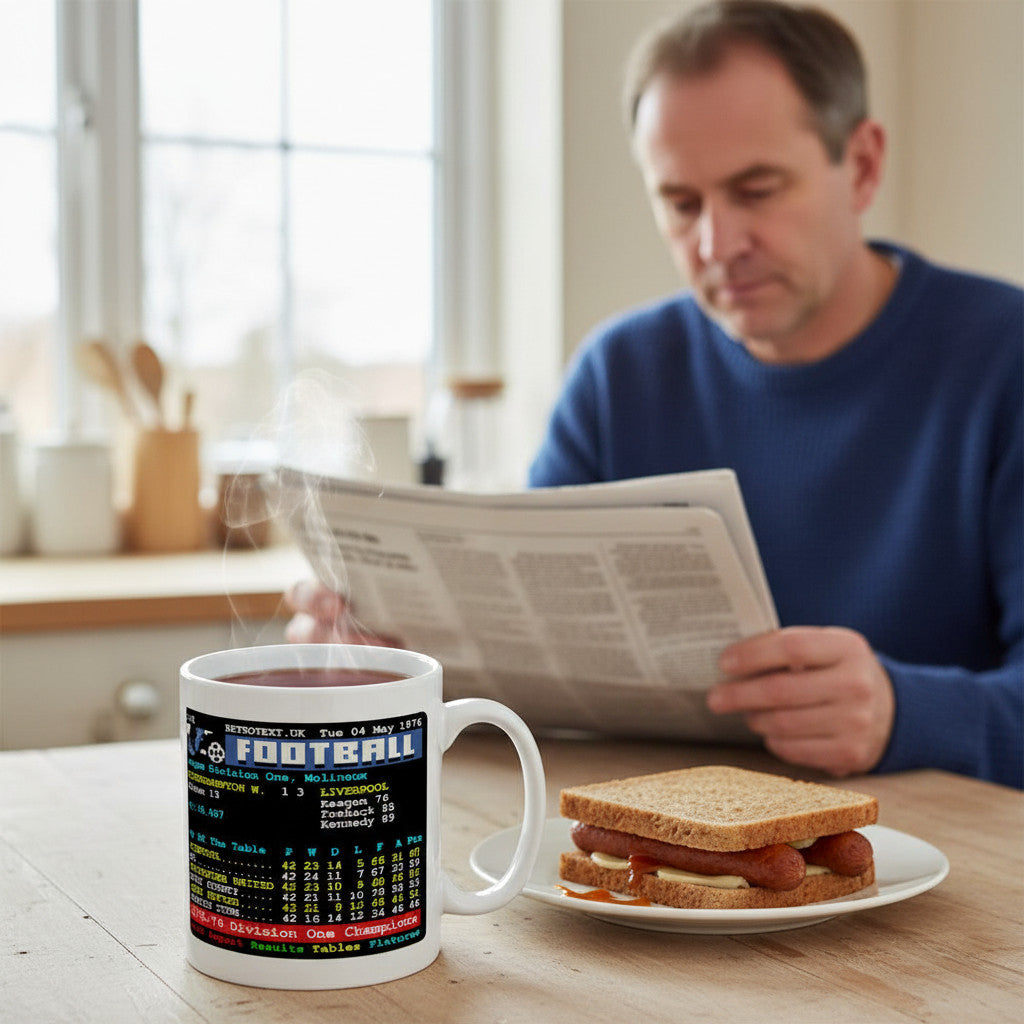Retrotext Liverpool 1976 Division One Champions ceramic mug with teletext graphic on a table next to a hot dog