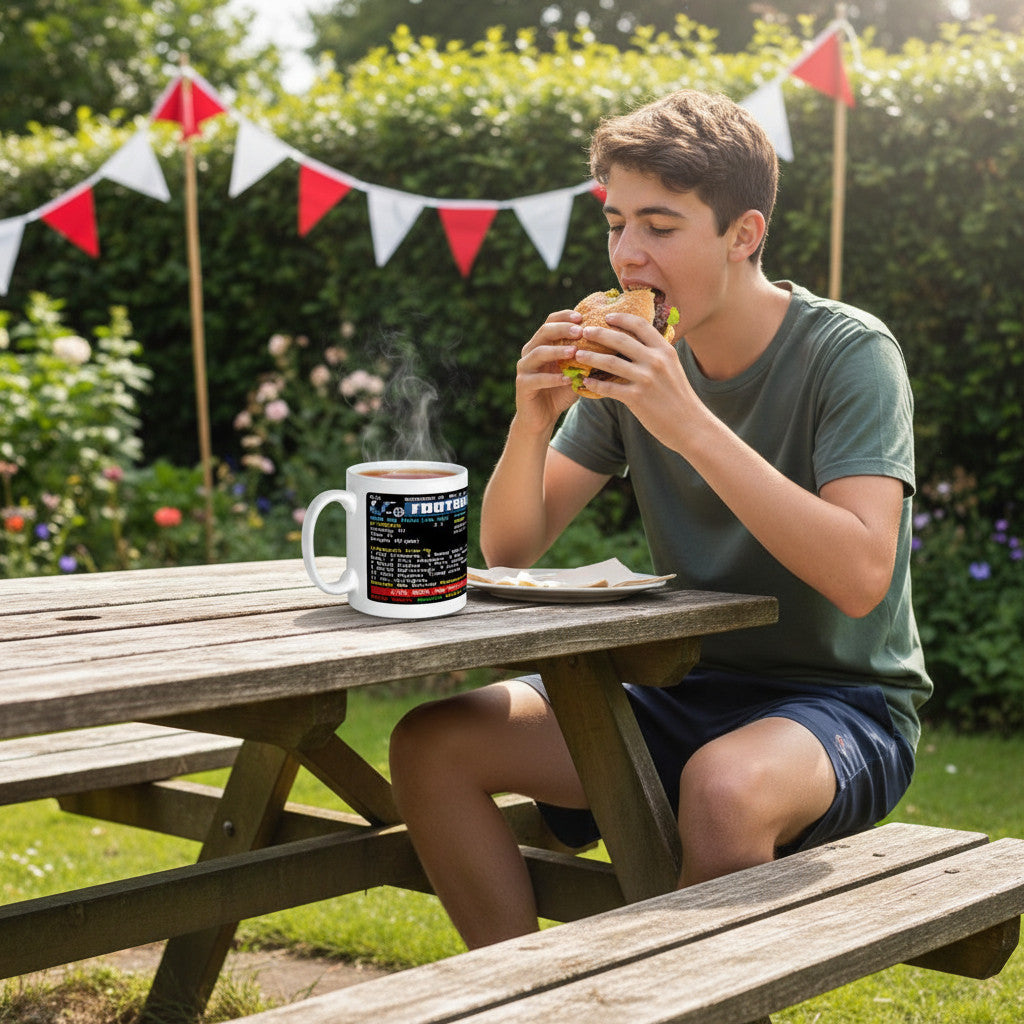 Retrotext Liverpool 1976 UEFA Cup Winners ceramic mug with teletext design on a wooden table next to a boy eating