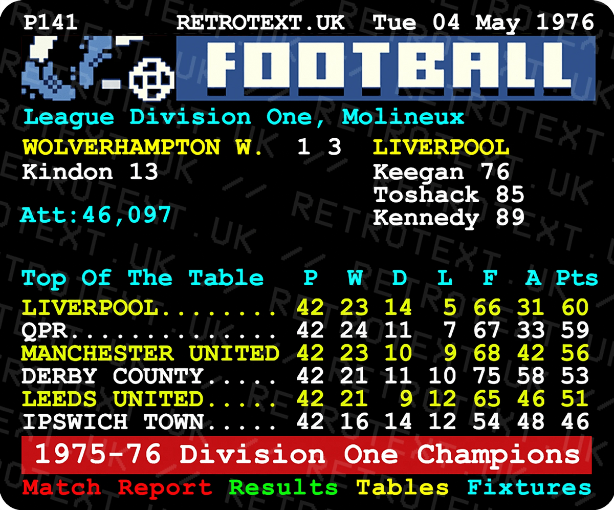 Retrotext Liverpool 1976 Division One Champions ceramic mug featuring a retro teletext football league table graphic.