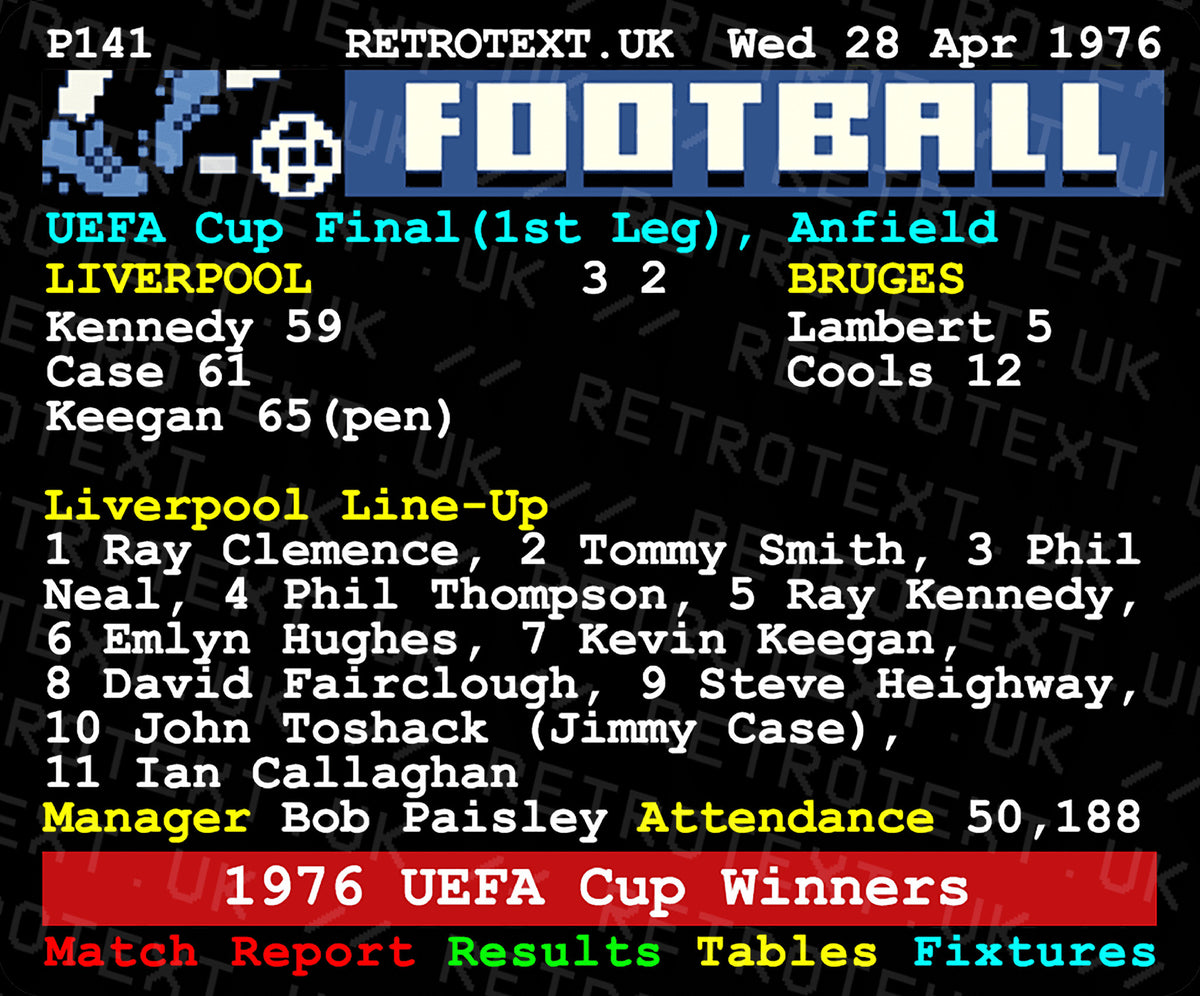Retrotext Liverpool 1976 UEFA Cup Winners ceramic mug featuring a retro teletext match report design on black