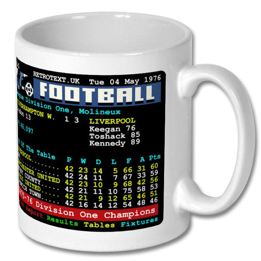 Retrotext ceramic mug featuring a 1976 Liverpool Division One Champions teletext league table graphic