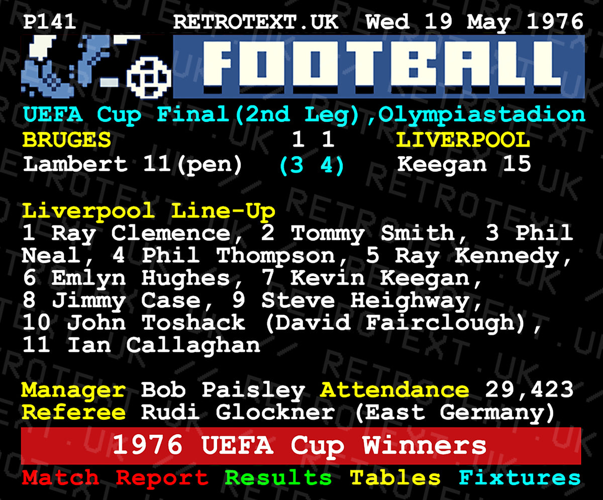 Retrotext Liverpool 1976 UEFA Cup Winners ceramic mug featuring a nostalgic teletext football match report design.