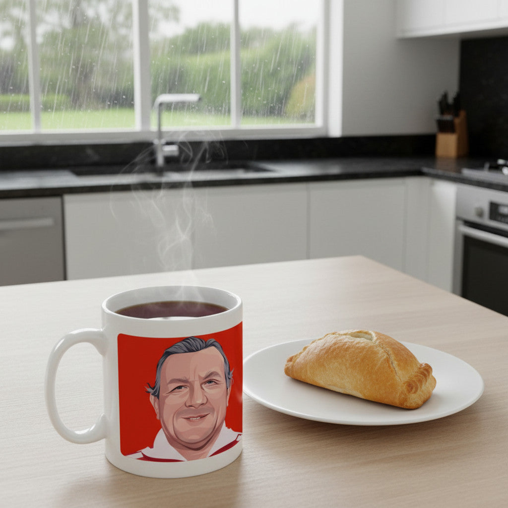 Retrotext Liverpool 1977 European Cup Winners mug featuring a Bob Paisley portrait on a red background in a kitchen.
