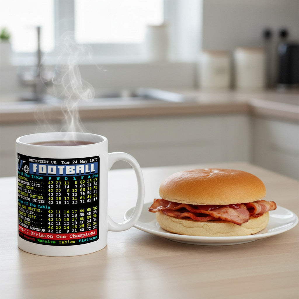 Retrotext Liverpool 1977 Division One Champions ceramic mug with teletext league table graphic next to a bacon roll