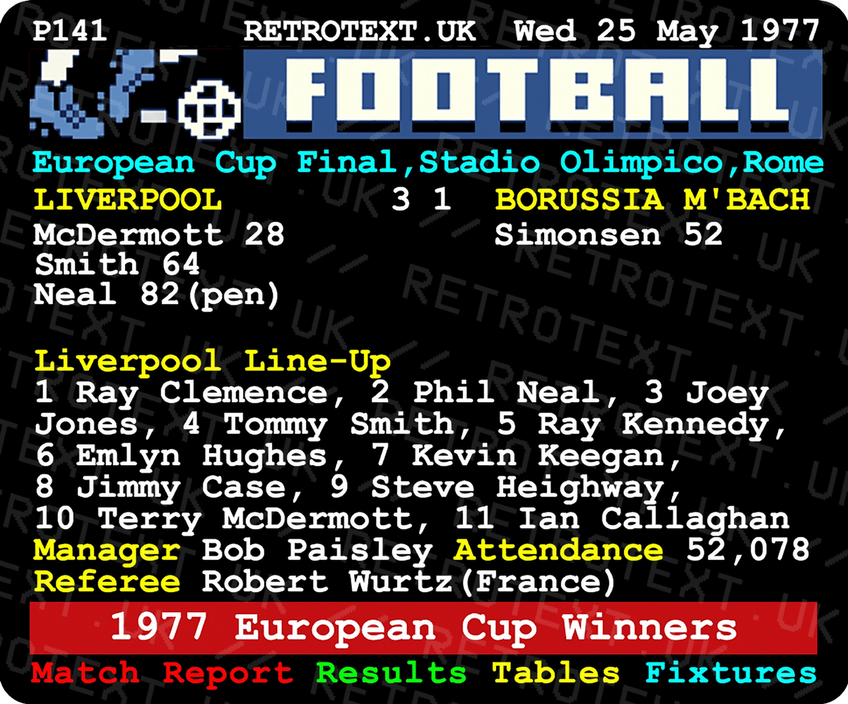 Retrotext Liverpool 1977 European Cup Winners ceramic mug featuring a vintage teletext match report graphic