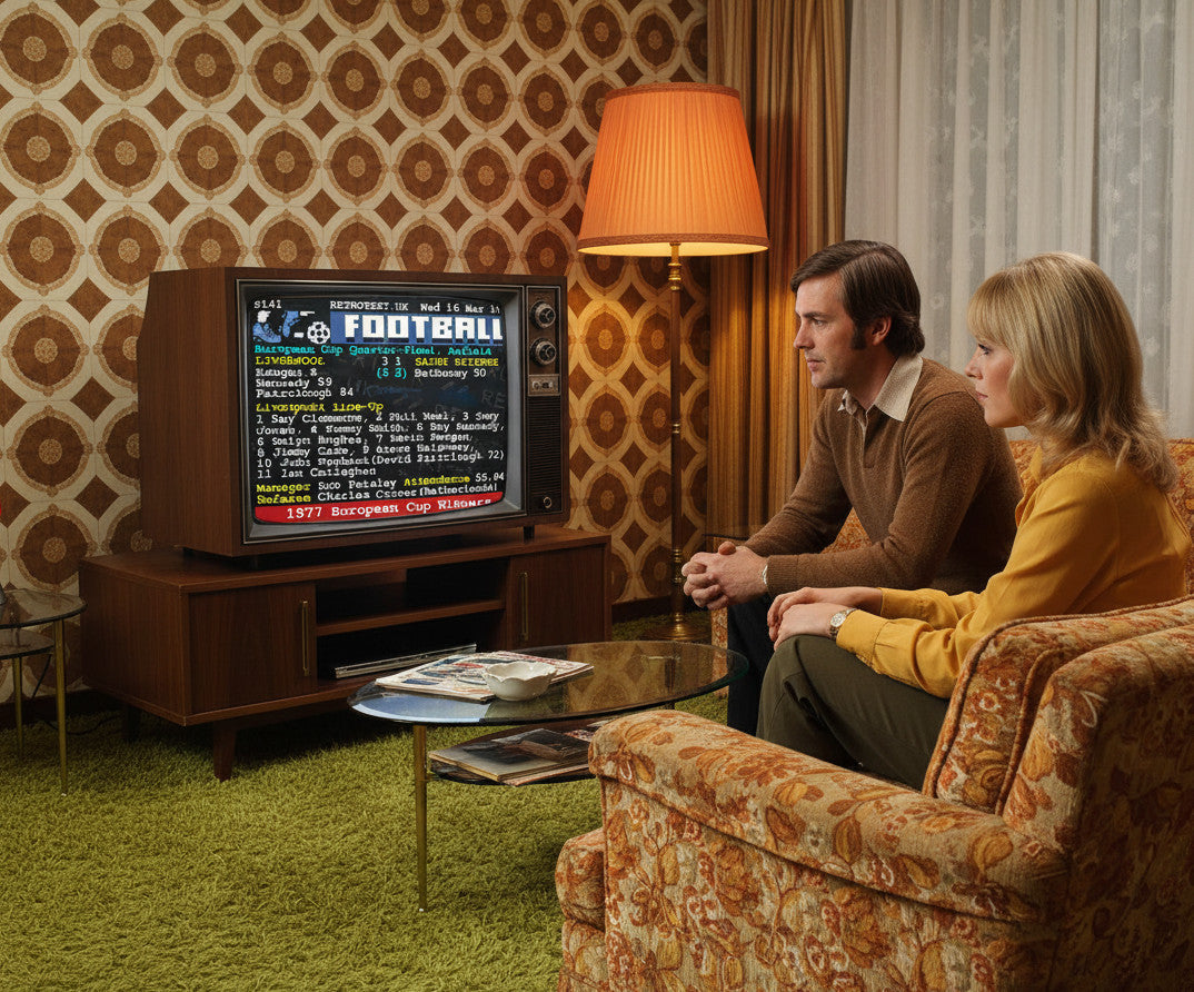 Retrotext Liverpool 1977 European Cup David Fairclough teletext mug featuring a vintage football match score graphic
