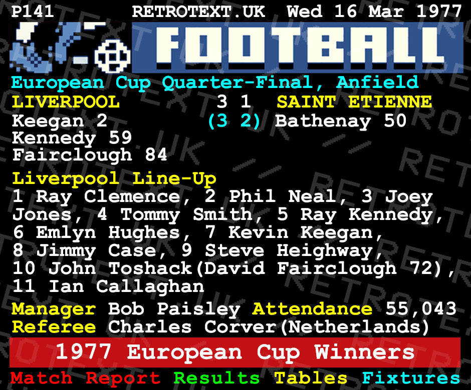 Retrotext Liverpool 1977 European Cup quarter-final David Fairclough teletext design on a glossy white 11oz mug.