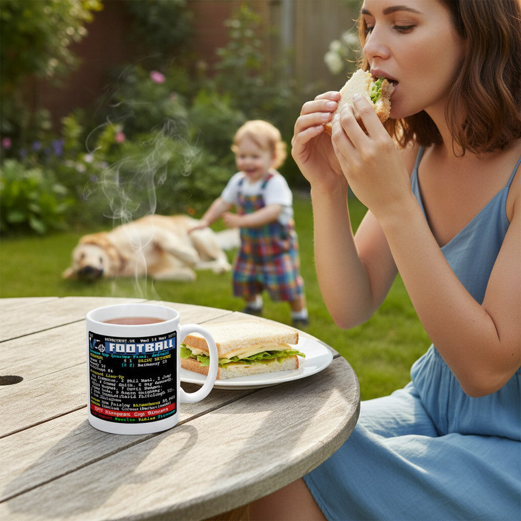Retrotext 11oz glossy white mug featuring 1977 Liverpool European Cup teletext design on a garden table with a woman.