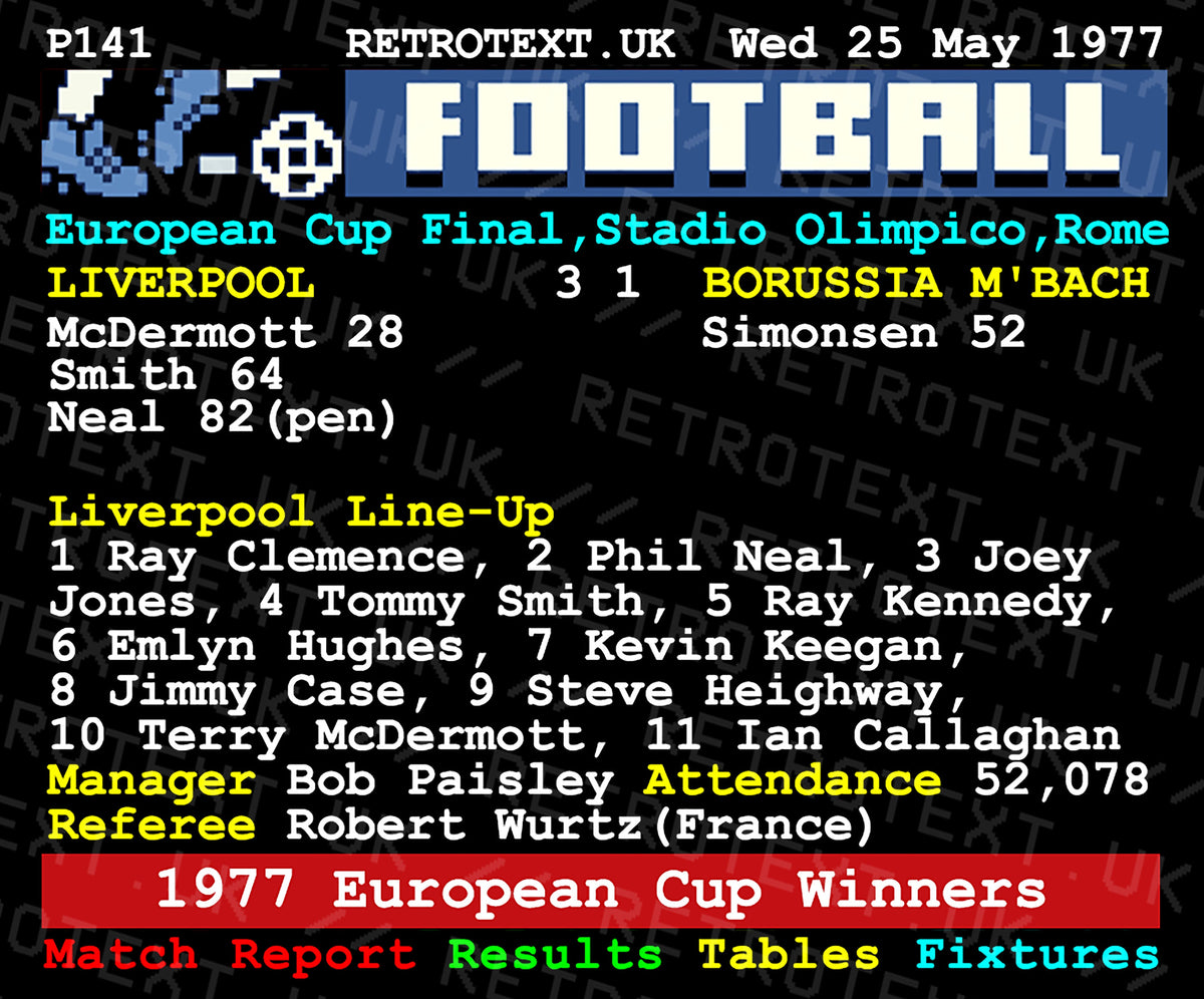 Retrotext Liverpool 1977 European Cup Winners ceramic mug featuring a vintage teletext match report graphic