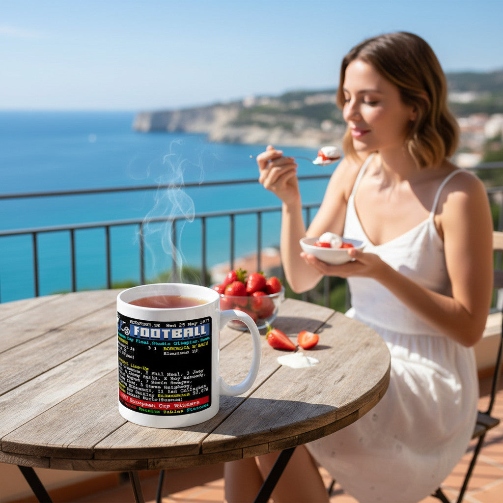 Retrotext Liverpool 1977 European Cup ceramic mug with teletext match details on a balcony table with a woman eating