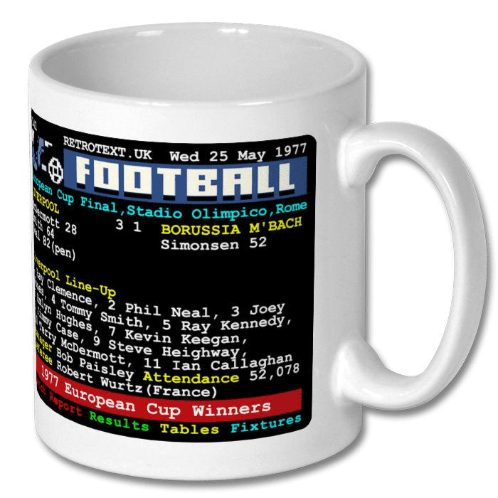Retrotext Liverpool 1977 European Cup Winners ceramic mug featuring a retro teletext match score graphic