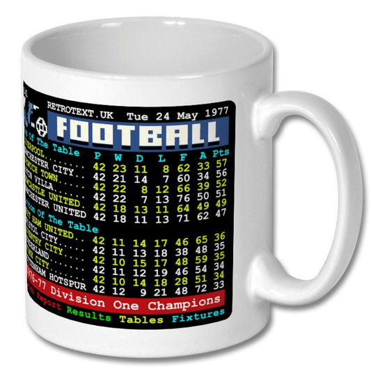 Retrotext Liverpool 1977 Division One Champions ceramic mug featuring a vintage teletext league table graphic
