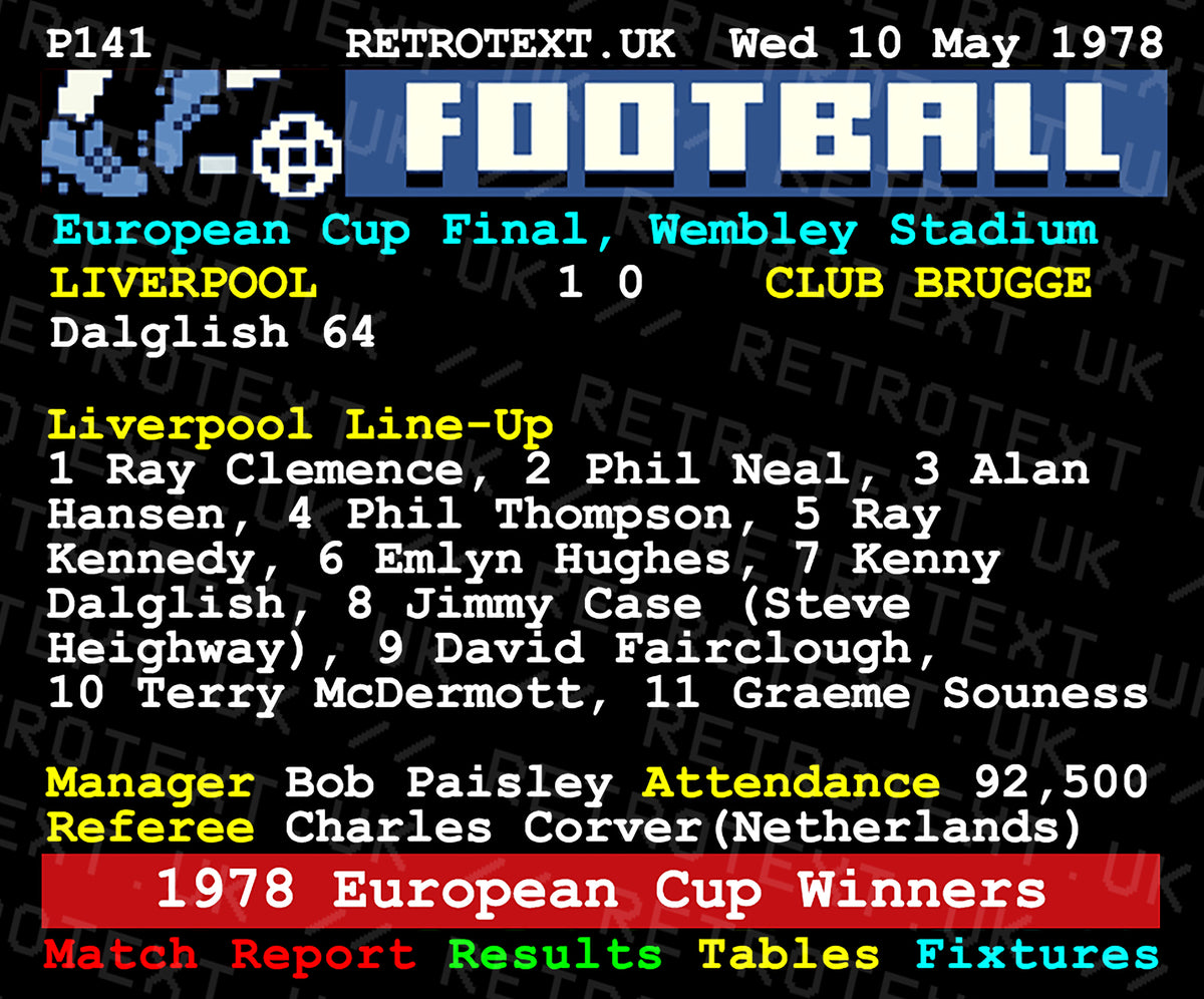 Retrotext Liverpool 1978 European Cup Winners ceramic mug featuring a vintage teletext match report graphic