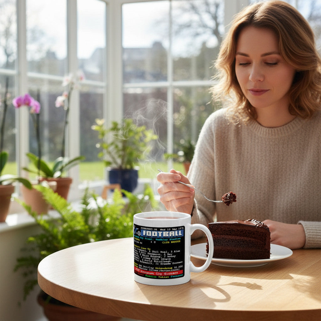 Retrotext ceramic mug featuring 1978 Liverpool European Cup teletext stats on a table with a woman eating chocolate cake