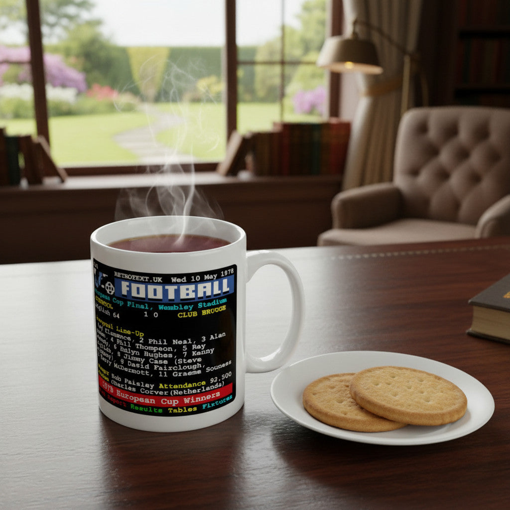 Retrotext Liverpool 1978 European Cup Winners ceramic mug with teletext match details on a desk with biscuits