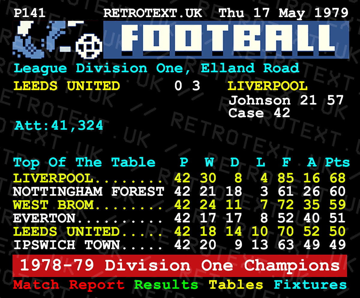 Retrotext Liverpool 1979 Division One Champions ceramic mug featuring a nostalgic teletext league table graphic