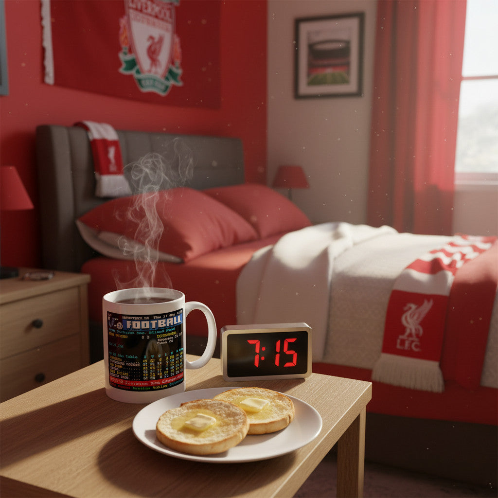 Retrotext Liverpool 1979 Division One Champions mug with teletext league table design on a bedside table with breakfast