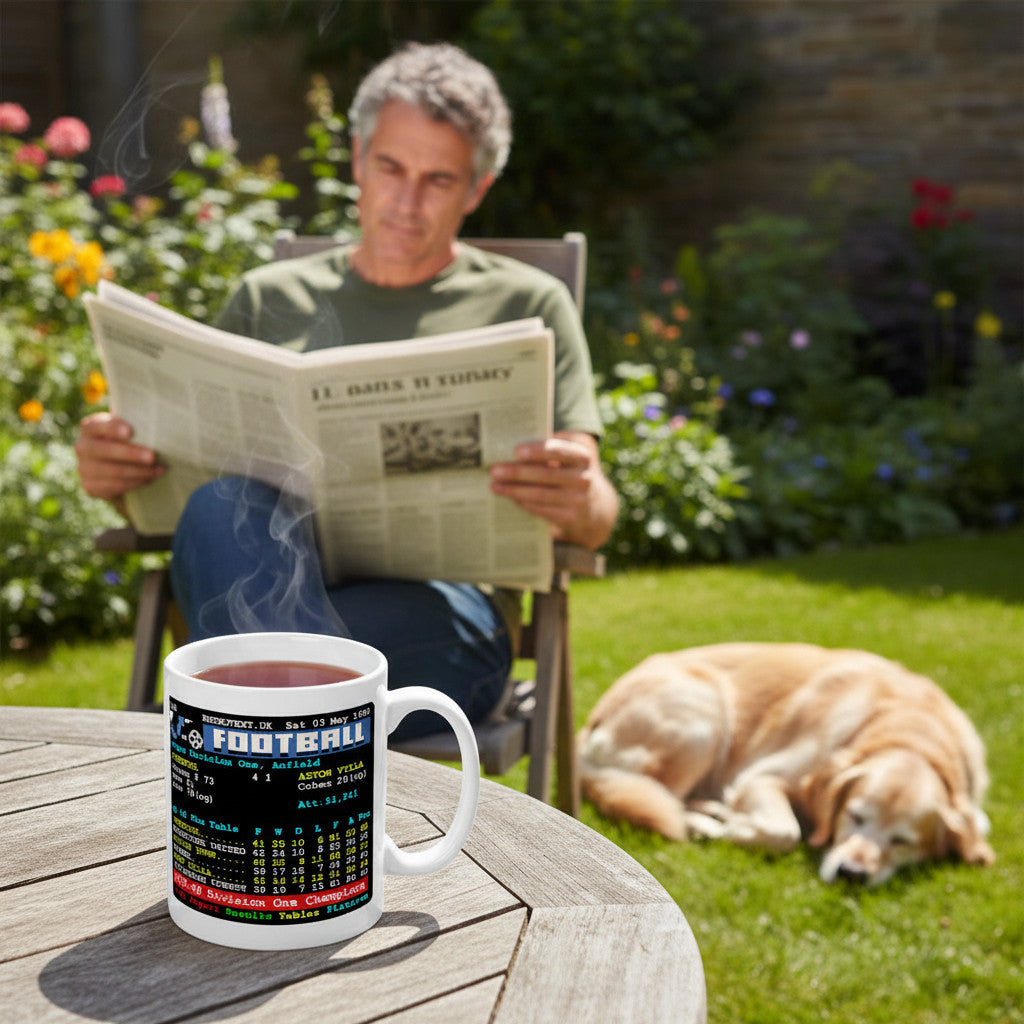Retrotext ceramic mug featuring a 1980 Liverpool Division One teletext graphic, sitting on a garden table.