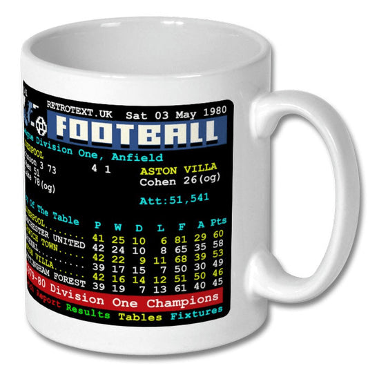 Retrotext 11oz ceramic mug featuring a 1980 Liverpool Division One Champions teletext graphic on a white background