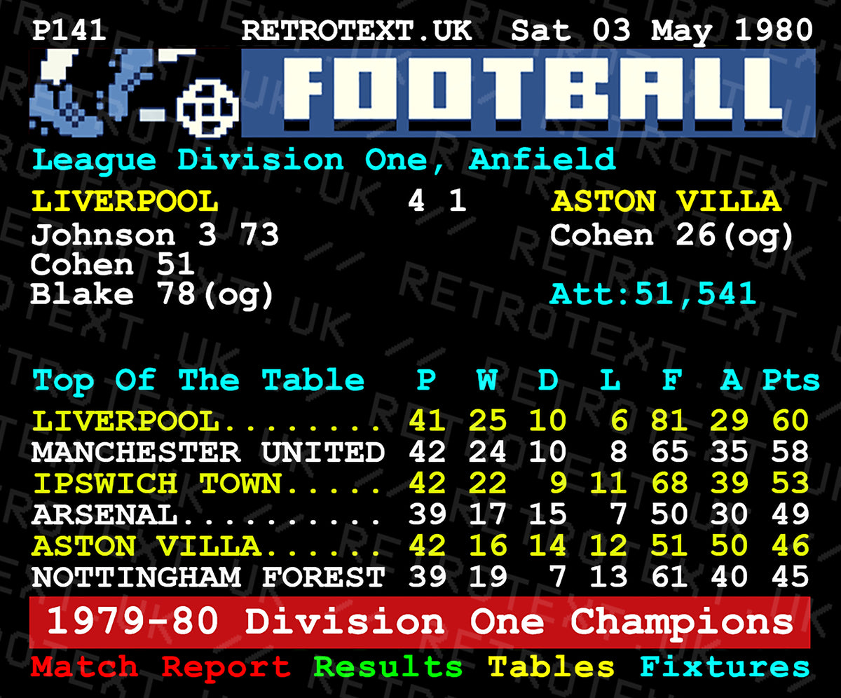 Retrotext Liverpool 1980 Division One Champions ceramic mug featuring a vintage teletext football league table graphic