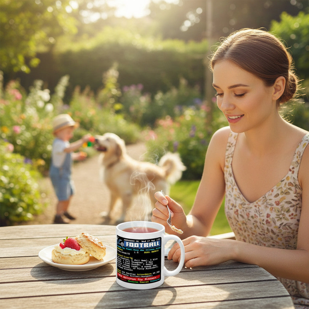 Retrotext ceramic mug featuring 1981 Liverpool European Cup teletext graphic on a table with a woman in a garden