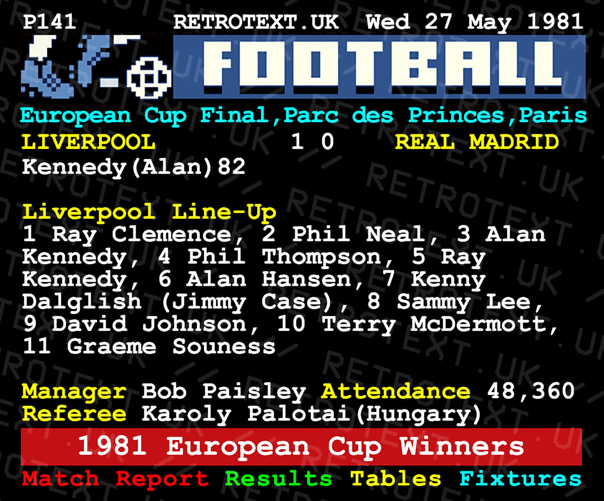 Retrotext ceramic mug featuring a 1981 Liverpool European Cup final teletext graphic with match details and line-up.
