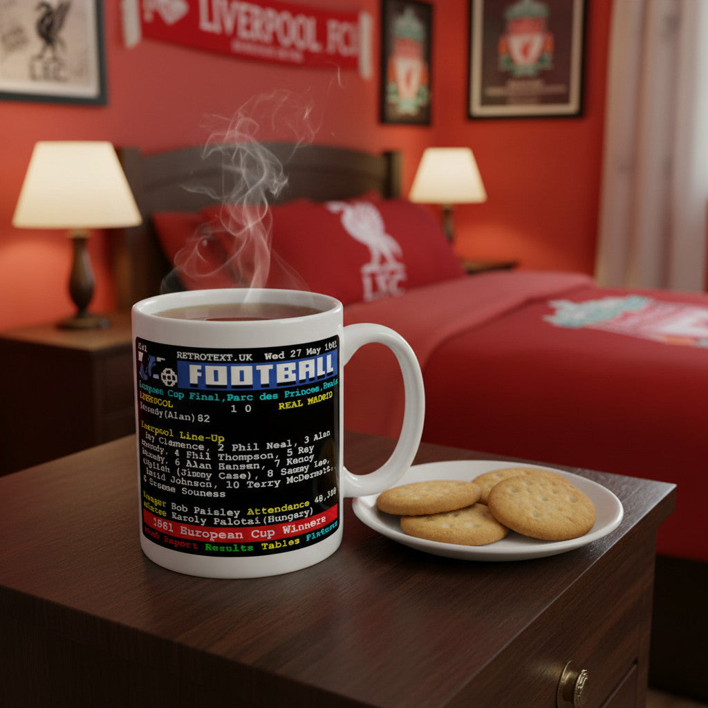 Retrotext Liverpool 1981 European Cup winners mug featuring a vintage teletext design on a bedside table with cookies