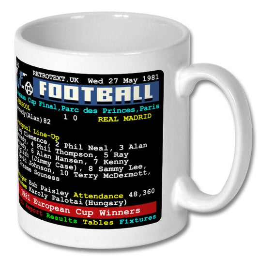 Retrotext Liverpool 1981 European Cup ceramic mug featuring a nostalgic teletext graphic of the match details.