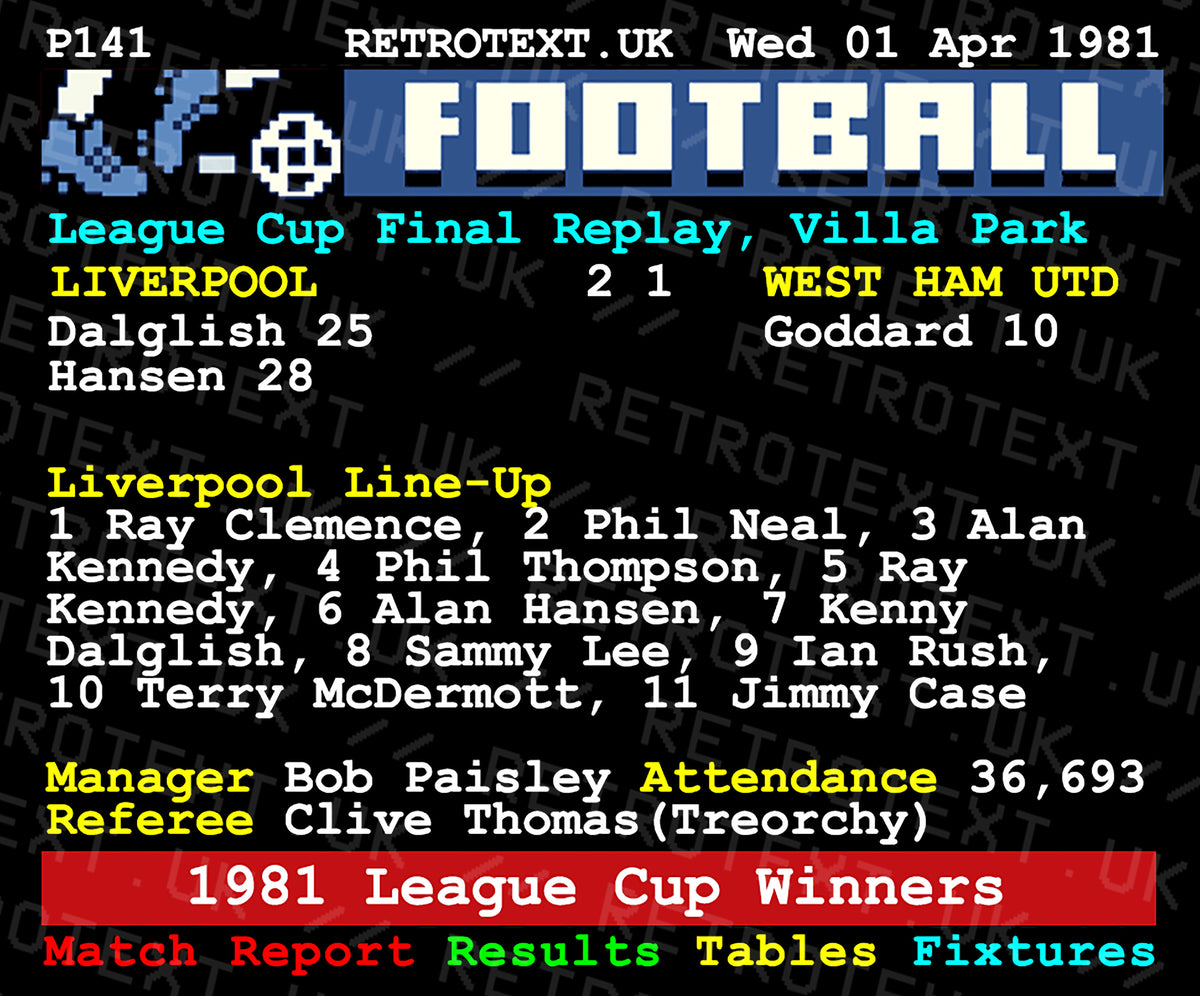 Retrotext Liverpool 1981 League Cup Winners ceramic mug featuring a vintage teletext match report design